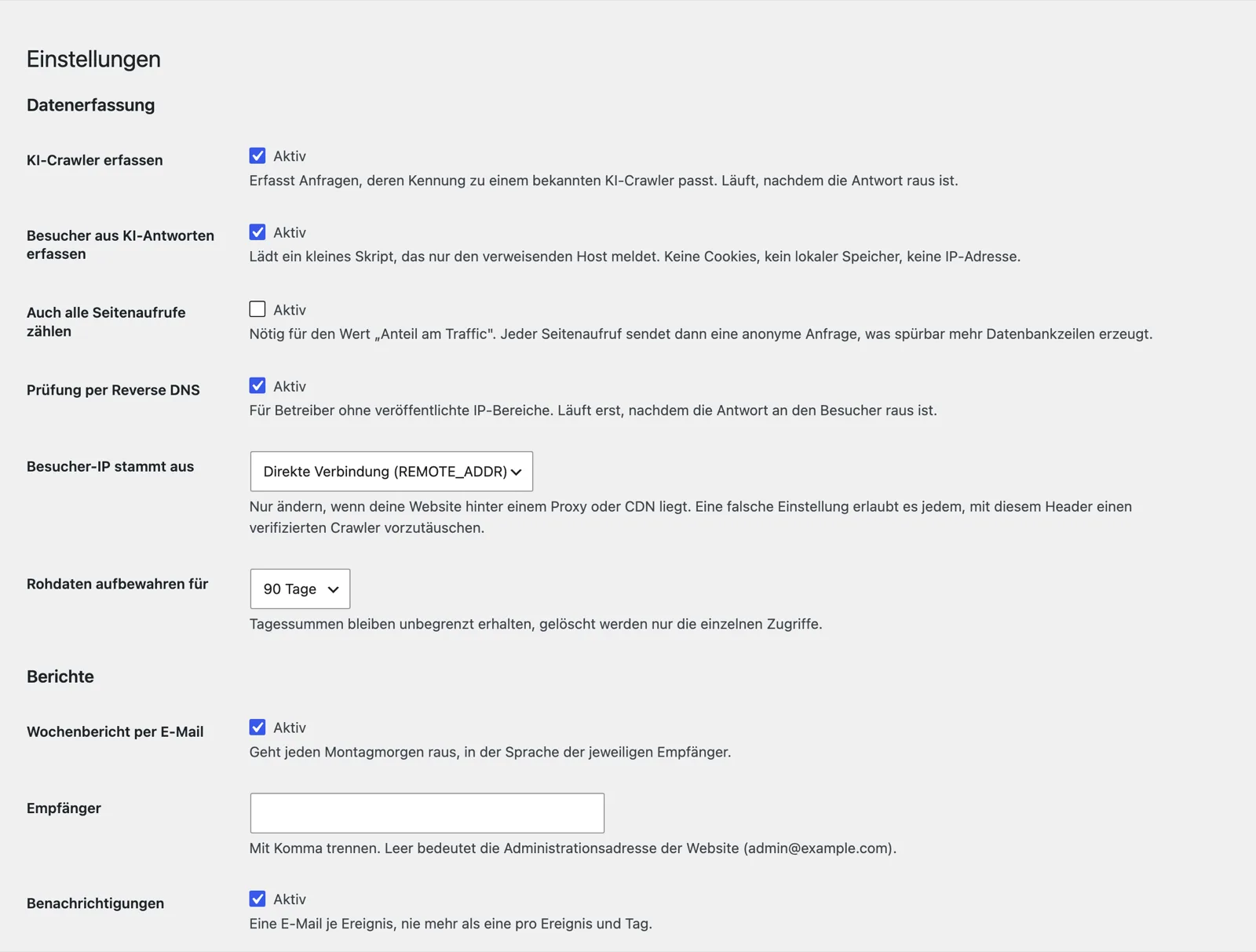 Formular mit Schaltern für Crawler-Erfassung, Reverse-DNS-Prüfung, Aufbewahrungsdauer und Wochenbericht