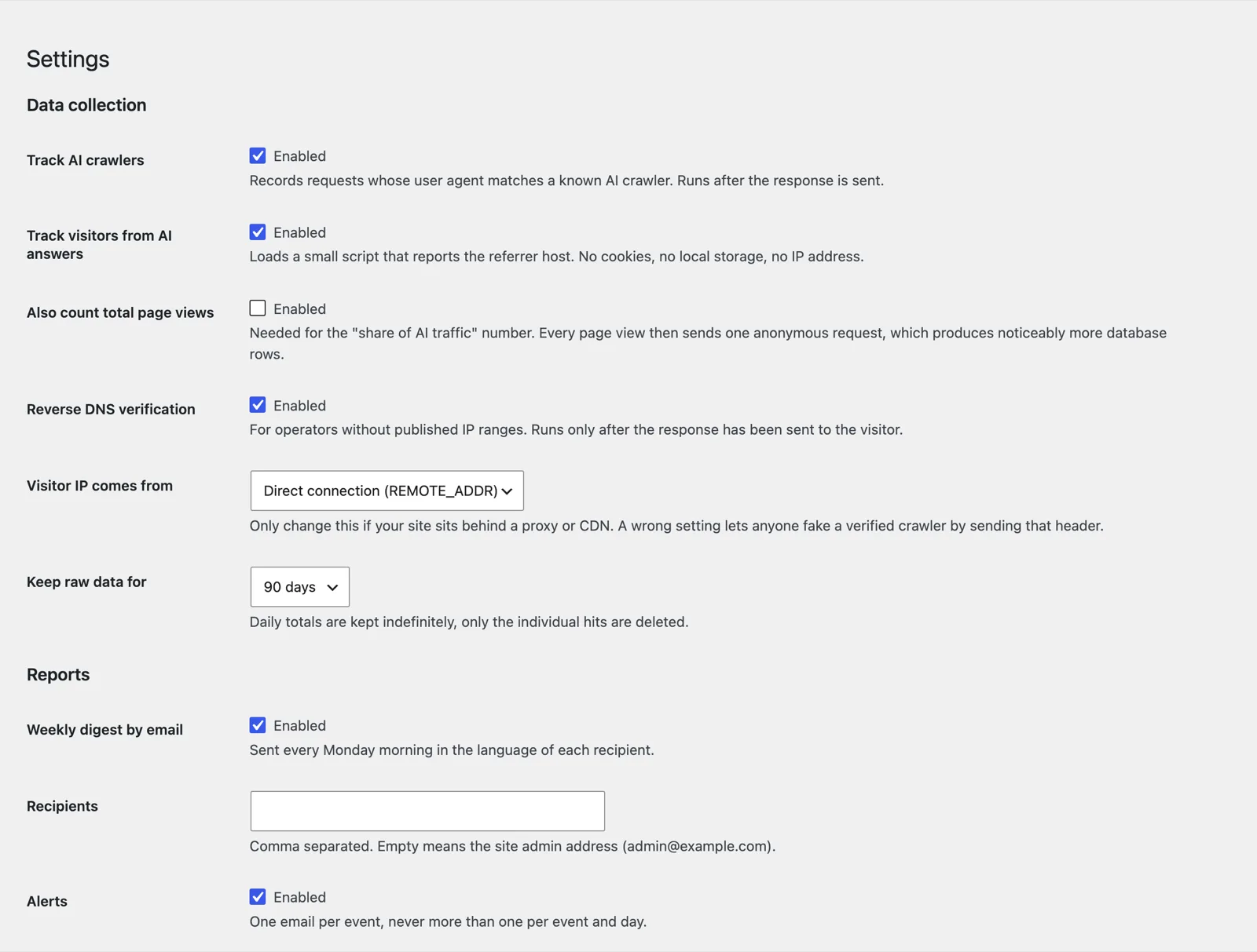 Form with switches for crawler tracking, reverse DNS verification, retention period and weekly digest