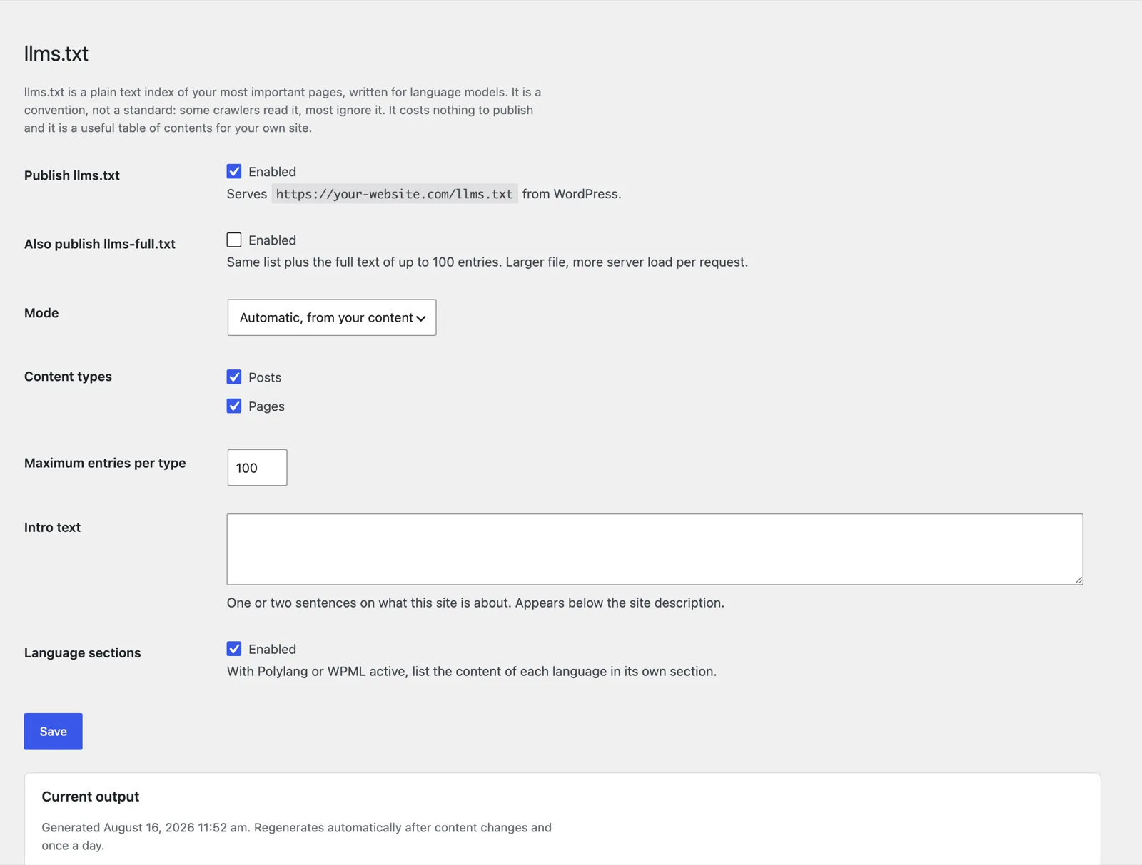 Settings for mode, content types and intro text, with the generated file shown as a preview