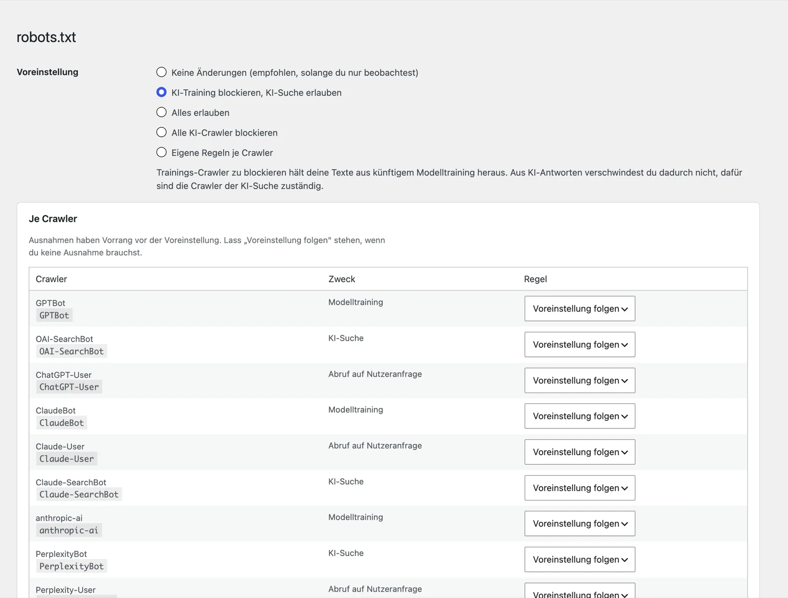 Auswahl von fünf Voreinstellungen, darunter eine Tabelle mit Crawler, Zweck und Regel-Auswahlfeld