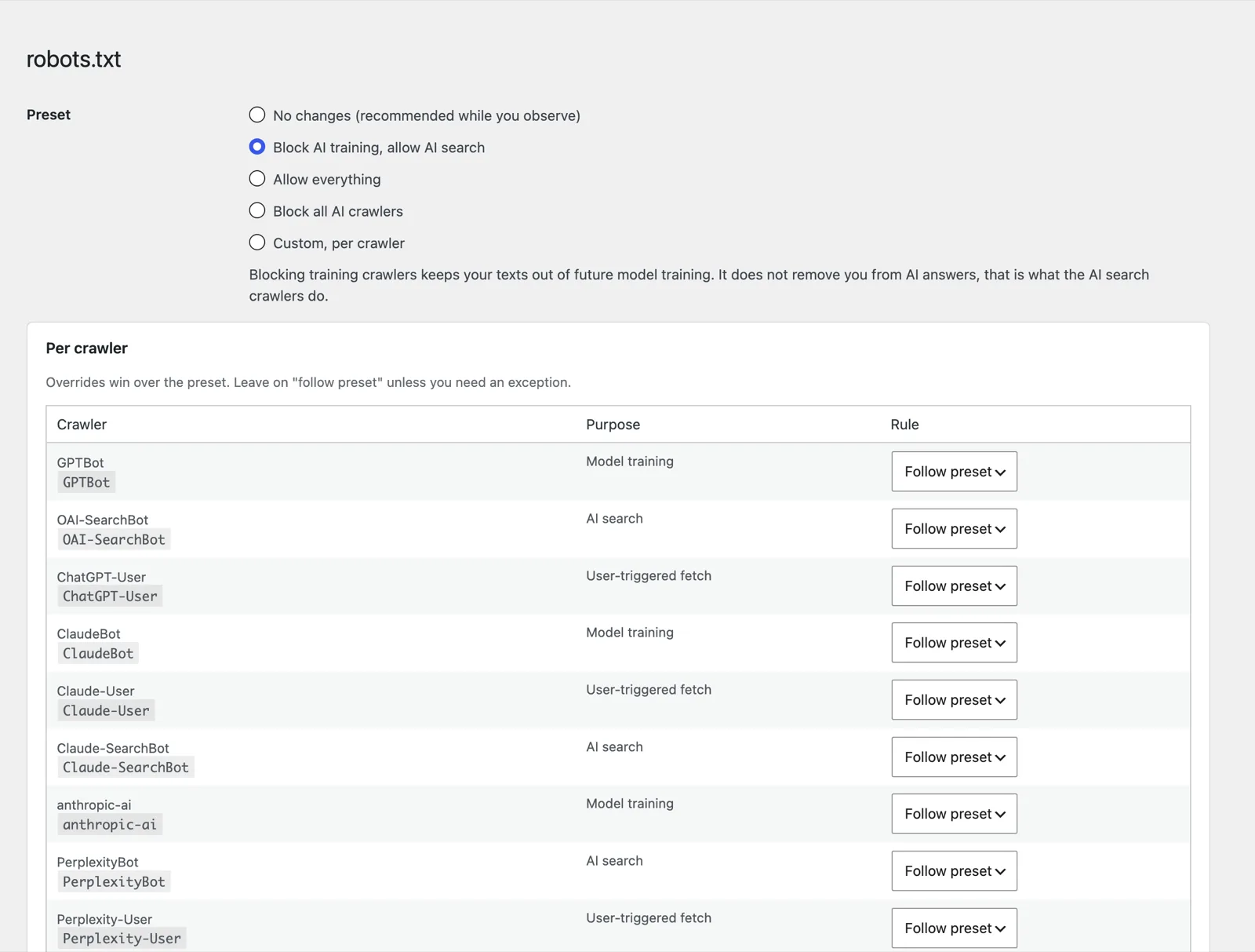 Five preset options, with a table of crawler, purpose and rule dropdown below