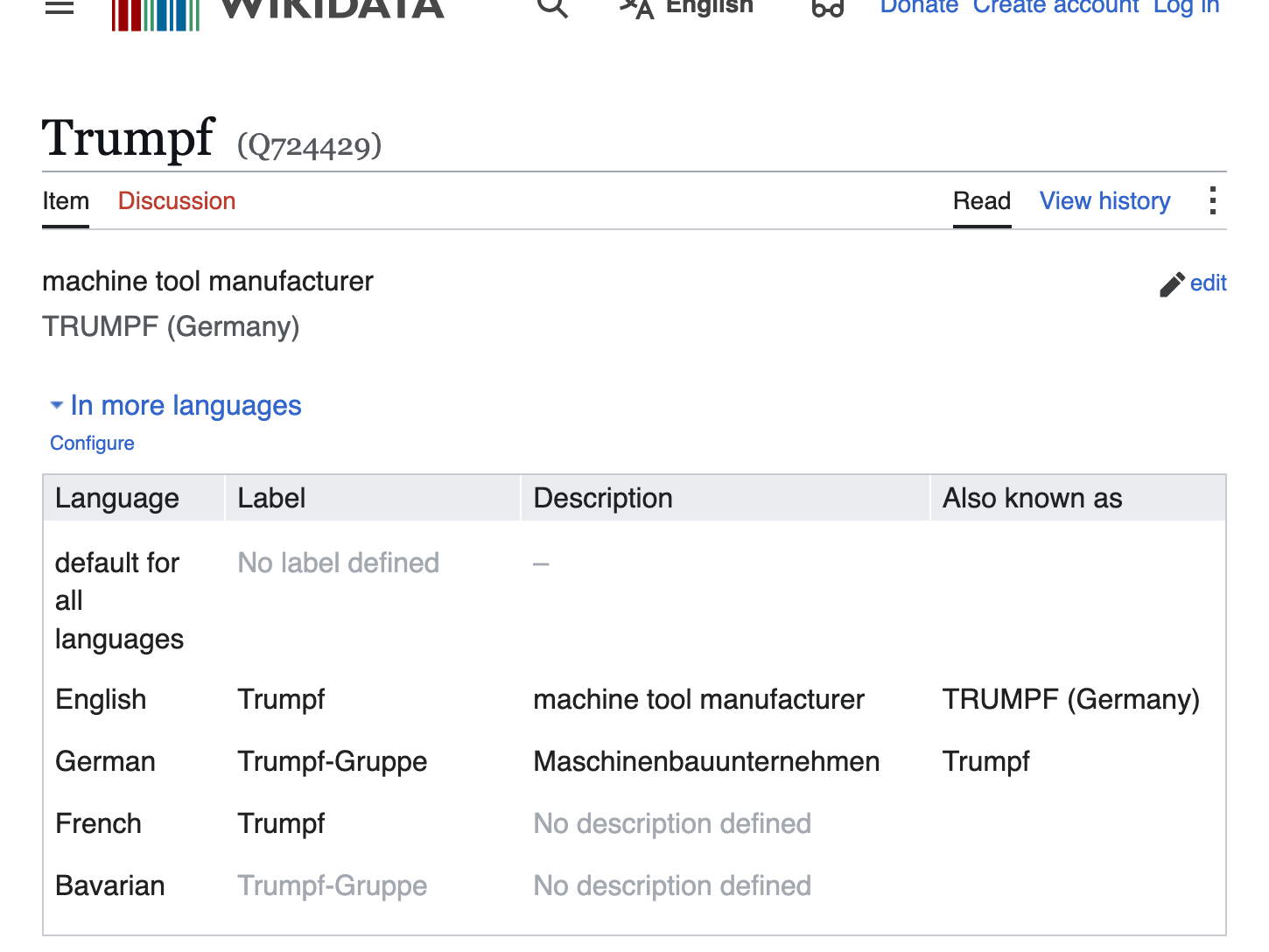 Ein realer Wikidata-Datensatz: Bezeichnung, Beschreibung und Aliasse in mehreren Sprachen. Quelle: wikidata.org, abgerufen am 27.07.2026.