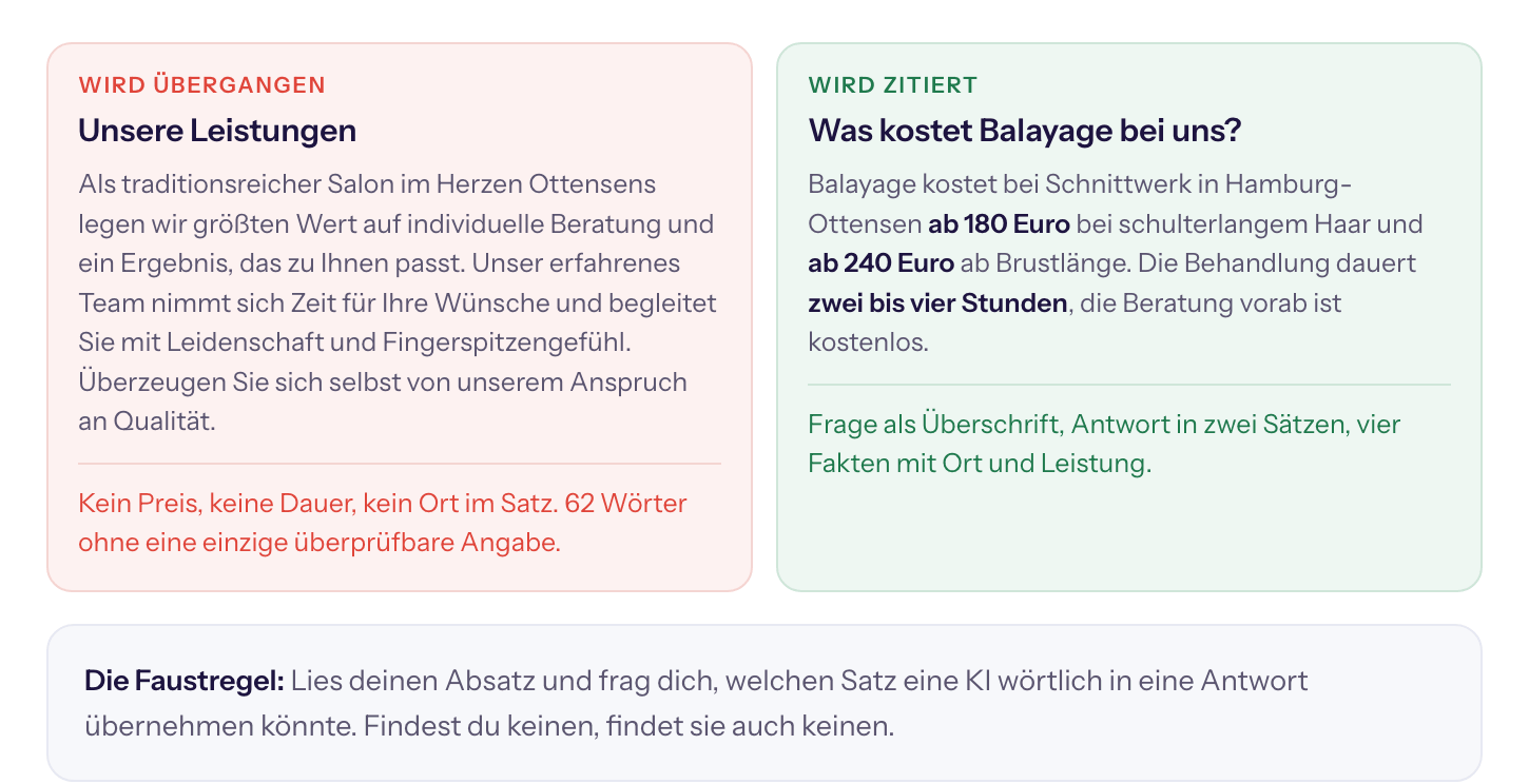 Derselbe Inhalt in zwei Fassungen. Rechts stehen vier überprüfbare Angaben, links keine einzige.